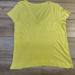 J.Crew Womens L 100% Linen V Neck Pocket Tee Bright Yellow